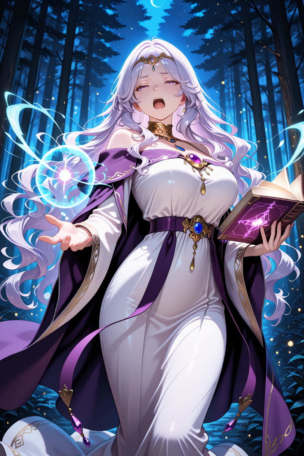lazypos, 1girl, solo, wavy hair, very long hair, purple eyes, circlet, purple cape, white dress, off-shoulder dress, wide sleeves, long dress, purple belt, large breasts, outstretched hand, holding book, blue magic, glowing, outstretched hand, half-closed eyes, yelling, bokeh, night, forest, glow, chiaroscuro, wince, casting magic, blue swirls of light, Deirdre <lora:super_secret_lora_not_released:5> <lora:TrendCraft_The_Peoples_Style_Detailer-v1.0A-3_13_2025-illustrious:0.2>
