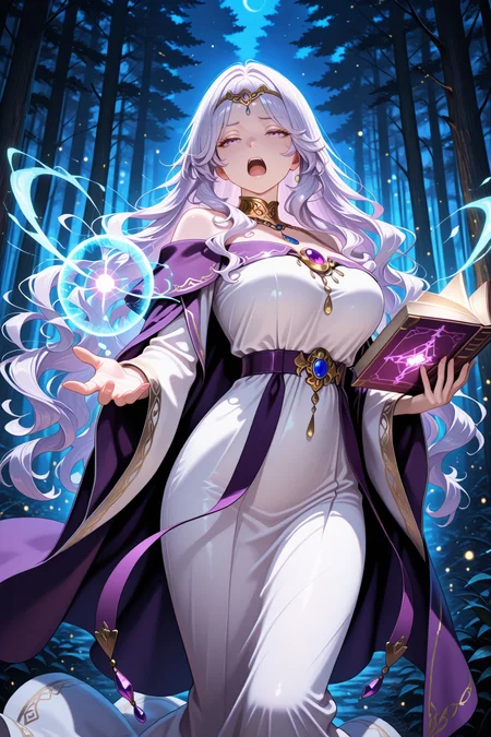 lazypos, 1girl, solo, wavy hair, very long hair, purple eyes, circlet, purple cape, white dress, off-shoulder dress, wide sleeves, long dress, purple belt, large breasts, outstretched hand, holding book, blue magic, glowing, outstretched hand, half-closed eyes, yelling, bokeh, night, forest, glow, chiaroscuro, wince, casting magic, blue swirls of light, Deirdre <lora:super_secret_lora_not_released:5> <lora:TrendCraft_The_Peoples_Style_Detailer-v1.0A-3_13_2025-illustrious:0.2>