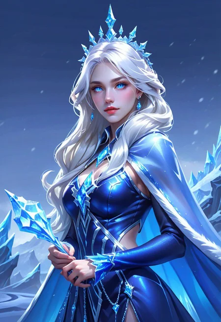 Hyper realistic portrait, Masterpiece, ultra Hd, trending on art station, cinematic lights, Aurora mobile legends( Long flowing white hair, blue eyes, blue iced rhombus shaped ornaments cape, cropped side waist, iced ornaments, blue ice crown, blue iced high eels, ice castle as background, dynamic pose hand above, chill, blue iced classy dress, detailed dress, detailed ice, detailed face, detailed eyes, detailed pupils, detailed fingers, detailed hair, detailed iced ornaments, OverallDetail, extremely detailed, Aurora mobile legends, SK_CINEMATIC, By bad artist
