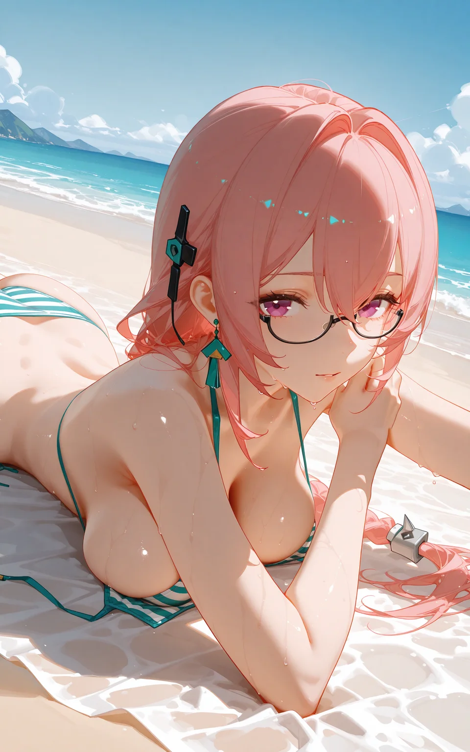 [[artist:binggong asylum]],[[artist:omone hokoma agm]],[[tianliang duohe fangdongye]],[[artist:ciloranko]],[[[artist:misaki12003]]],[artist:sho_(sho_lwlw)],[[ask_(askzy)]],[[artist:rhasta]],
<lora:illustrious_nai3_v2-000018:0.5>,Nai3 style,<lora:xl-ill-tsukishiro_yanagi(zenless zone zero)_v1-000010:0.8>,tsukishiro yanagi\(zenless zone zero\),
1girl,solo,outdoors,beach,cowboy shot,looking at viewer,shiny skin,bikini,cleavage,lying,sand,prone pose,on stomach,dutch angle,wet,tsukishiro_yanagi,purple eyes,pink hair,long hair,hair ornament,glasses,earrings,ear acessory,