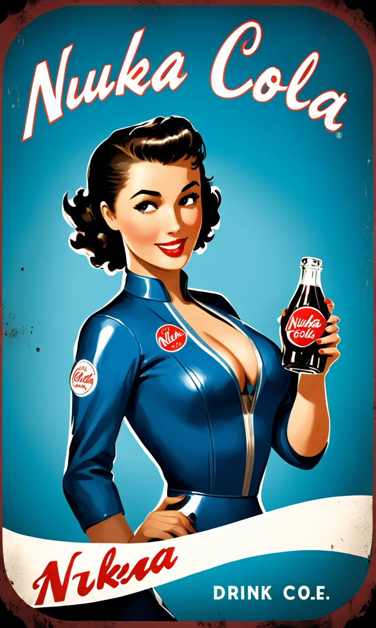 poster of a woman wearing blue vault suit holding a soda, text "Drink Nuka Cola", falloutpostsdxl,<lora:falloutpostsdxl:0.8>, cleavage, 1950s \(style\),