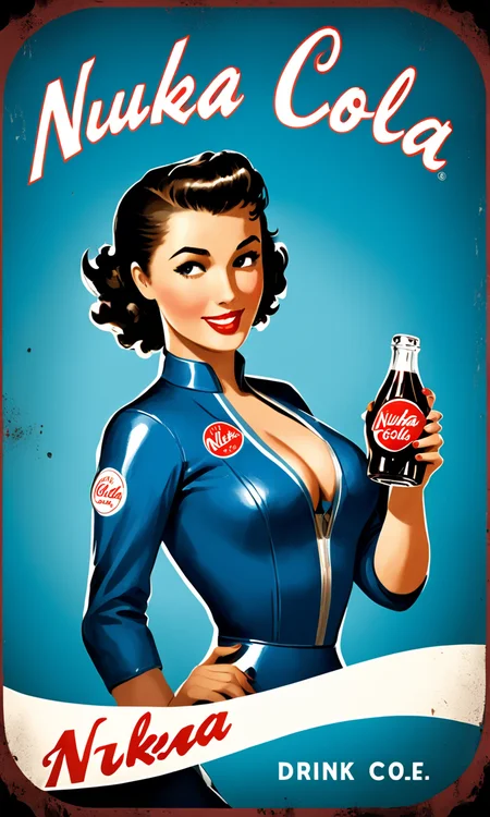 poster of a woman wearing blue vault suit holding a soda, text "Drink Nuka Cola", falloutpostsdxl,<lora:falloutpostsdxl:0.8>, cleavage, 1950s \(style\),