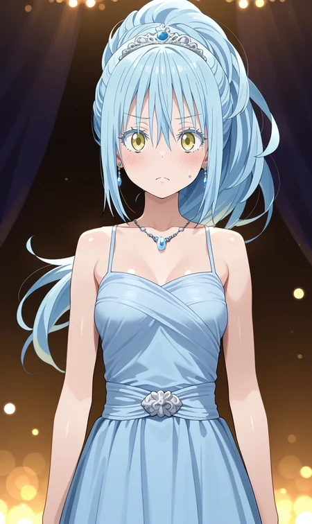 (masterpiece),best quality,amazing quality,very aesthetic,absurdres,newest,perfect body,shiny skin,perfect eyes,detail1eye,
rimuru tempest, sunakku, 1girl, medium breasts,blue hair, long hair, jewelry, yellow eyes, necklace, hair between eyes, solo, closed mouth, floating hair, bangs, tiara, shiny, shiny hair, blush, collarbone, blue dress, dress, cowboy shot, sweatdrop, frown, indooes, gem, earrings, bare shoulders, sleeveless, ponytail, high ponytail,party,looking at viewer, 
<lora:rimuru_sunakku_ILXL:1>