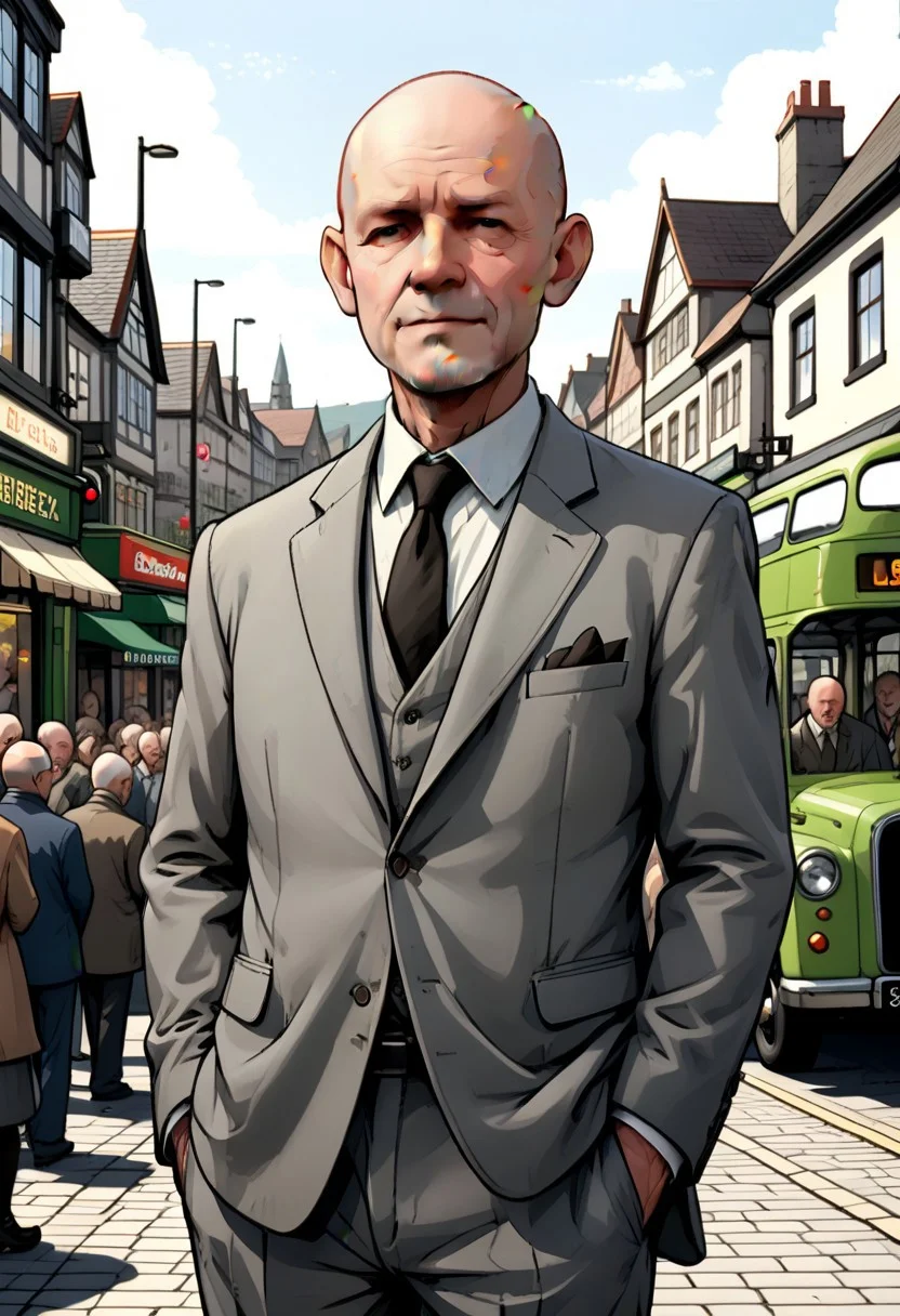 60 year old, short, bald man, old grey suit, outside, town, crowd, green Bristol Lodekka bus, old-fashioned shops
<lora:Dibber:0.7>