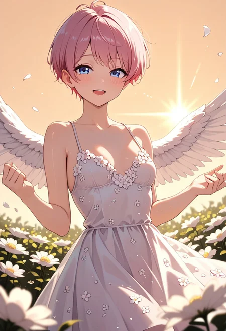 masterpiece, best quality, good quality, very aesthetic, absurdres, newest, 8K, depth of field, in the style of cknc, artist:moriimee, in the style of cksc,
1girl, short pink hair, pixie cut, blue eyes, small breasts, firm, flower petal dress, glossy skin, flying mid-air, wings fluttering, giggling, looking at viewer, from front
BREAK
flower garden, petals floating, sunlight beaming
BREAK
dynamic light, warm colors, high contrast, golden hour lighting, rich details, playful atmosphere