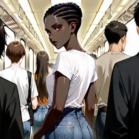 (masterpiece, newest, best quality, highly detailed, very awa, superfine illustration, official art style), very detailed face, hyperrealistic, (close up), from behind, (UHD quality details), 1girl, Ebony_girl, standing, crowded train interior, looking over shoulder, looking back, very dark skin, smooth skin, brown eyes, small breasts, slender, black cornrows, stonewashed jeans, tshirt, depth of field, 8k uhd, absurdres, volumetric lighting, tack sharp focus, beautiful composition, intricate detail, professional illustration
