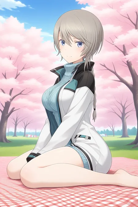 <lora:alicegear_adelaide_ilxl:1>masterpiece, best quality, alicegear_adelaide_ilxl, 1girl, solo, smile, large breasts, Cherry Tree, blue sky, sitting , picnic sheet, sweater, turtleneck, aran sweater, cable knit, looking at viewer, jacket, turtleneck sweater, ribbed sweater, from side. wariza