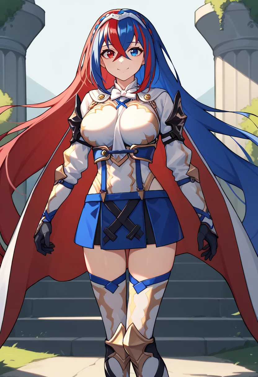 score_9, score_8_up, score_8_up, source_anime BREAK 1girl, solo, <lora:alear-fe-richy-v1_pdxl:1> aleardef, heterochromia, blue eyes, red eyes, multicolored hair, red hair, blue hair, braid, crossed bangs, very long hair, tiara, bowtie, armor, suspenders, blue skirt, thighhighs, gloves, thighhighs, cape, large breasts, smile, outdoors, fantasy, looking at viewer