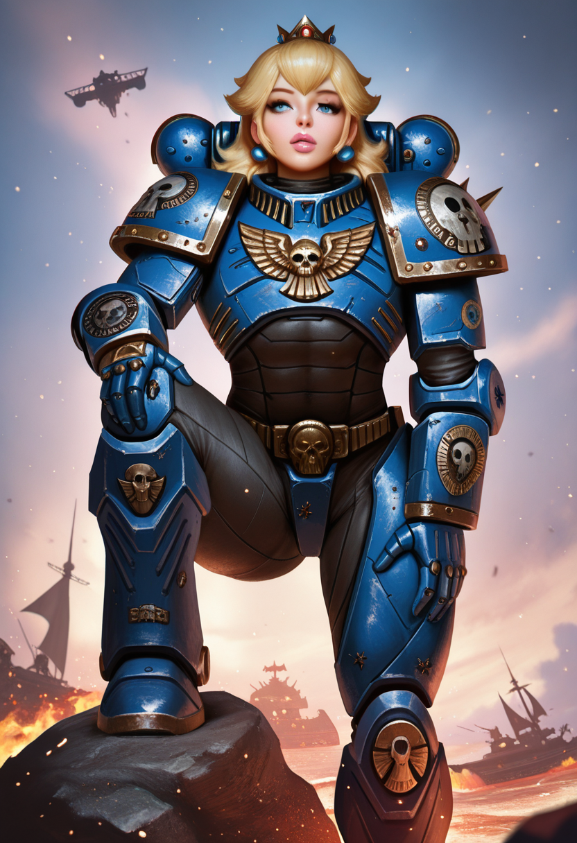 hyper detailed, masterpiece, best quality, realistic, amazing detail, solo focus, 1girl, princess peach, intricate details, power armor, top, pants, gauntlets, boots, muscular, armor, ultramarine, warhammer 40k, stern, clouds, fire, knee up, rock, epic, hand on knee, particles, ships, tropical beach,,, sh11kar1, <lora:SHIKARII_Style_IL:1>