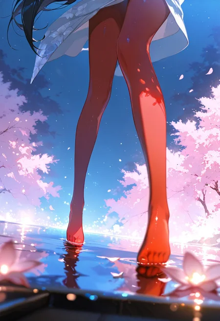masterpiece, best quality, good quality, newest, highres, absurdres, uncensored,
BREAK 
detail background, very awa, absolutely eye-catching, (beautiful face), 
BREAK
amazing quality, best quality, ultra-detailed, 8K, illustration, CG, ultra-detailed-eyes, cute girl, eyelashes
BREAK
Aka-Oni, oni, colored skin, red skin, smooth horns, black horns, long hair, black hair,
BREAK 
kimono, dancing,  moonlight, reflection, the tranquil lake, reflections, toes lightly touching the water, blurry foreground, elegant clothes,
cherry blossom, petals falling over scene, closeup,