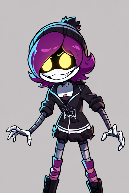 masterpiece, best quality, Detailed, 2D, 1girl, solo, Uzi, Purple Hair, Yellow Eyes, robot, beanie, black hoodie, striped socks, crazy eyes, insane grin