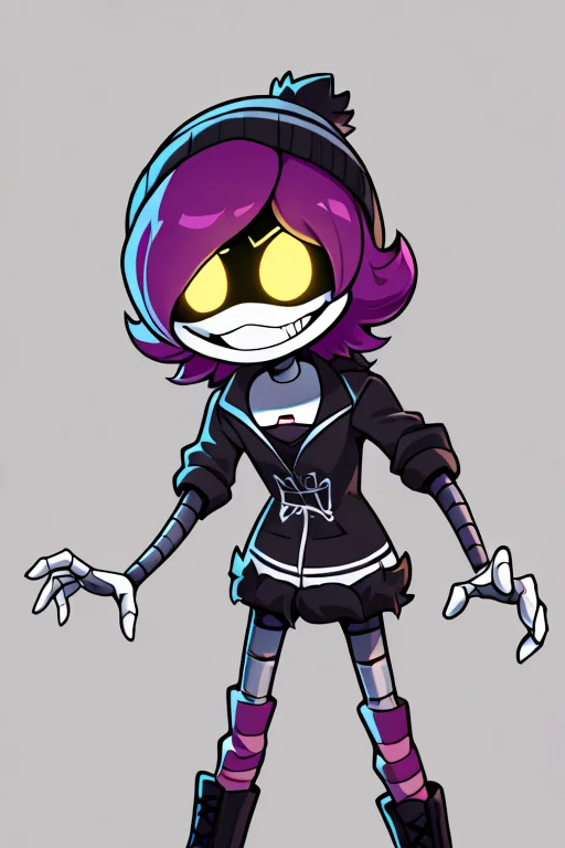 masterpiece, best quality, Detailed, 2D, 1girl, solo, Uzi, Purple Hair, Yellow Eyes, robot, beanie, black hoodie, striped socks, crazy eyes, insane grin