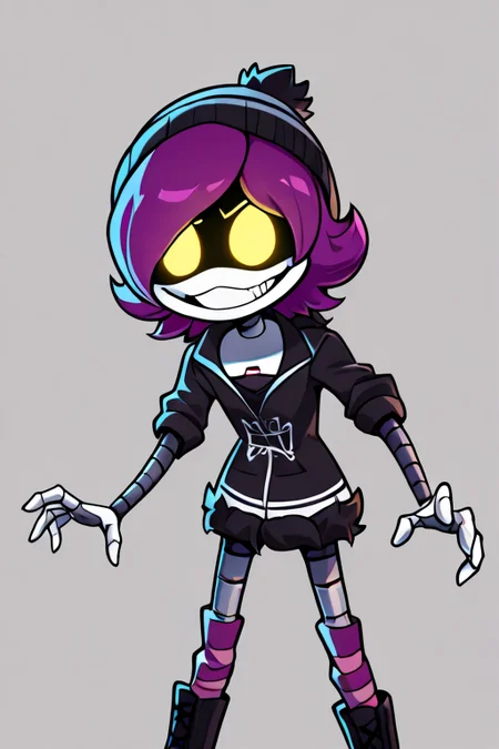 masterpiece, best quality, Detailed, 2D, 1girl, solo, Uzi, Purple Hair, Yellow Eyes, robot, beanie, black hoodie, striped socks, crazy eyes, insane grin