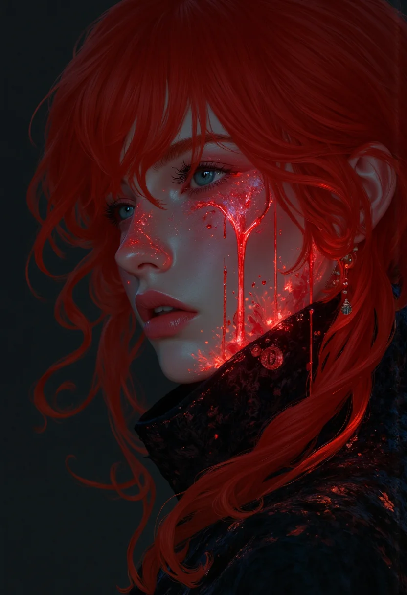A dramatic 8k portrait rendered in bio-ink on textured black bio-paper. A beautiful woman with fiery red hair is depicted close-up. Thick streaks of bioluminescent crimson bio-ink, resembling tears of blood, flow down her face. The bio-ink creates a textured effect, emphasizing the tears' visceral quality. Her expression is intense and anguished. The overall mood is one of raw emotion and dramatic intensity.