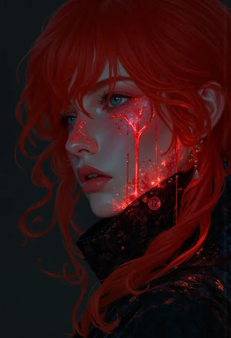A dramatic 8k portrait rendered in bio-ink on textured black bio-paper. A beautiful woman with fiery red hair is depicted close-up. Thick streaks of bioluminescent crimson bio-ink, resembling tears of blood, flow down her face. The bio-ink creates a textured effect, emphasizing the tears' visceral quality. Her expression is intense and anguished. The overall mood is one of raw emotion and dramatic intensity.