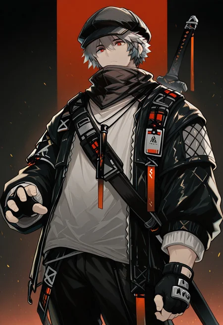 solo, 1boy, male focus, black jacket, red eyes, long sleeves, fingerless gloves, grey hair, black cabbie hat, shirt, black pants, black footwear, sword, sheath, hair between eyes, open jacket, bear_ears,
masterpiece,