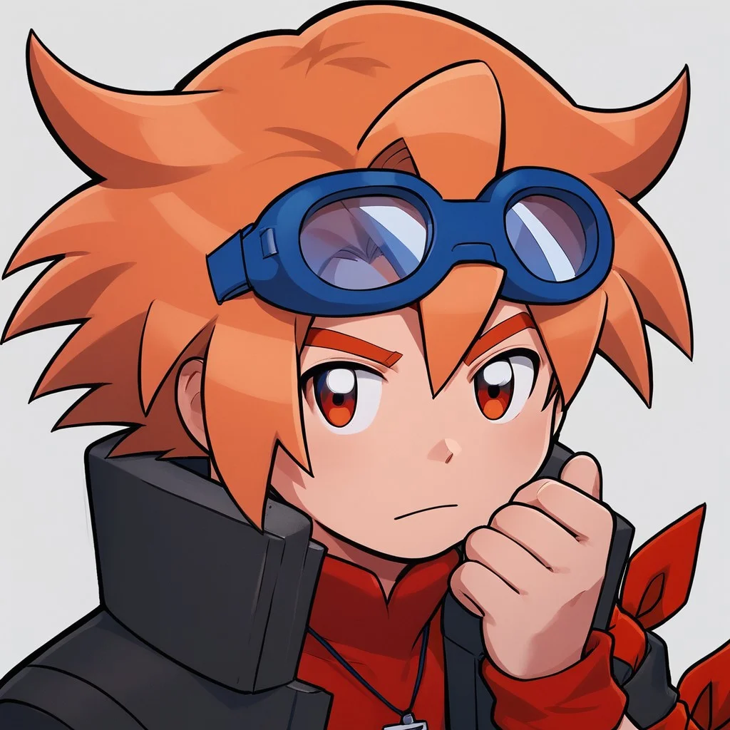 Koh, Digimon, male, boy, orange hair, red eyes, medium hair, spiky hair, blue goggles, red armband, closed mouth, perfect, perfection, solo, flawless, red armscarf, black jacket, red shirt, blue shorts, blue socks, red sneakers, pendant, digivice, phone, detailed faced, detailed eyes, detailed, good art, best quality, highest, quality, good anatomy, perfect anatomy, masterpiece, beautiful, insanely detailed, anime, well-drawn, BREAK, score_9, score_8_up, score_7_up, score_6_up