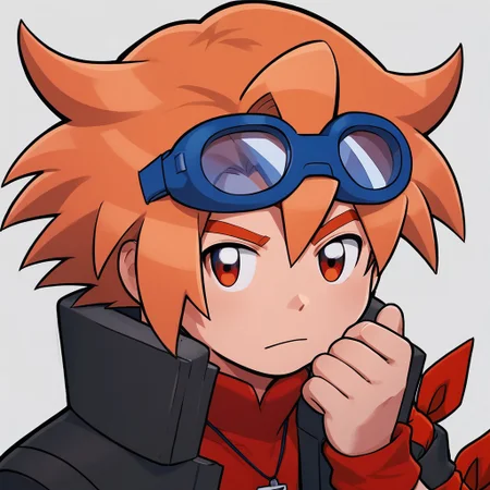 Koh, Digimon, male, boy, orange hair, red eyes, medium hair, spiky hair, blue goggles, red armband, closed mouth, perfect, perfection, solo, flawless, red armscarf, black jacket, red shirt, blue shorts, blue socks, red sneakers, pendant, digivice, phone, detailed faced, detailed eyes, detailed, good art, best quality, highest, quality, good anatomy, perfect anatomy, masterpiece, beautiful, insanely detailed, anime, well-drawn, BREAK, score_9, score_8_up, score_7_up, score_6_up