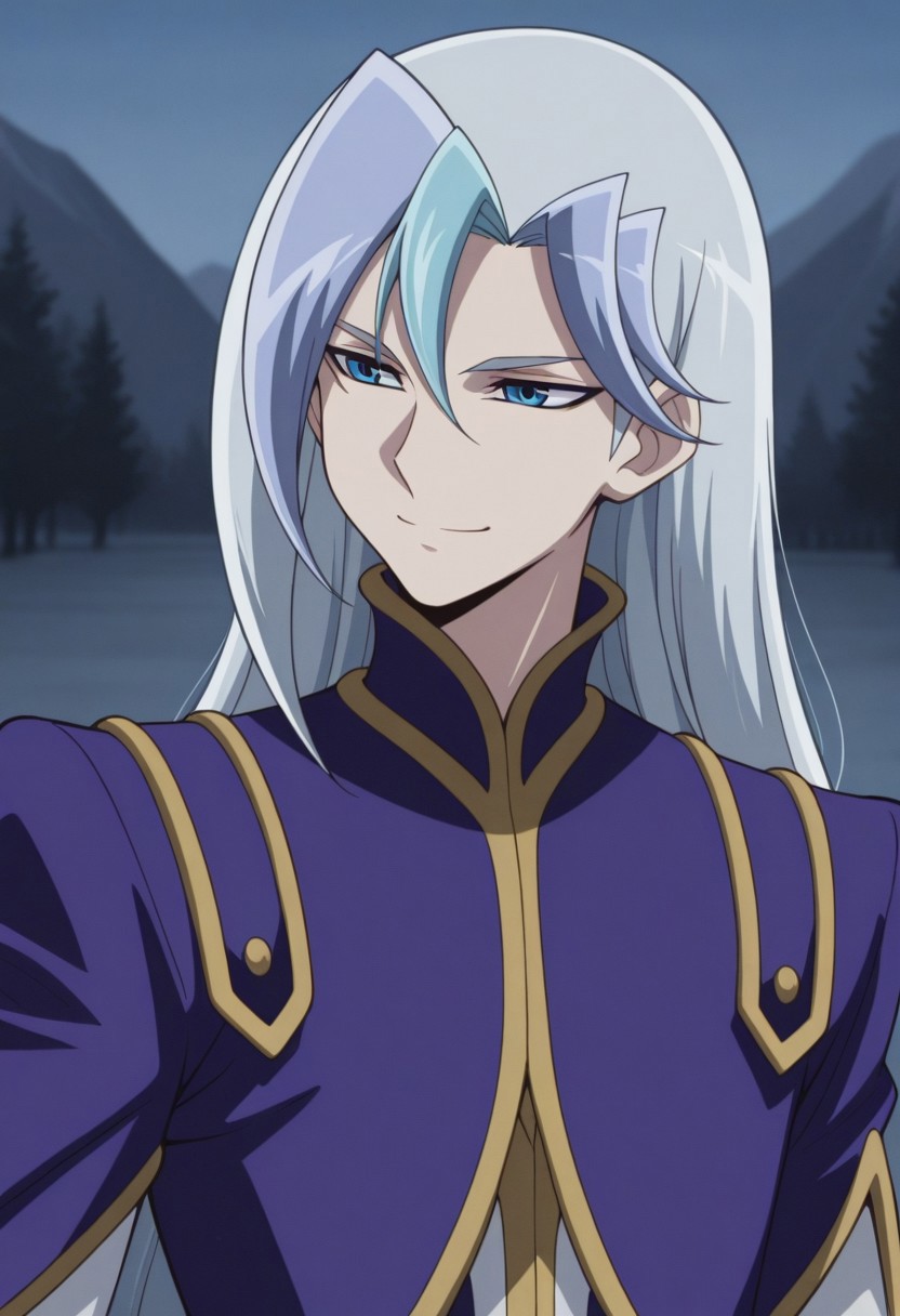 masterpiece,best quality,amazing quality, source_anime, 
chrisArclight, 1boy, male focus, solo, blue eyes, multicolored hair, grey hair, blue hair, long hair, shirt, white shirt, coat, purple coat, outdoor, smile, closed mouth,