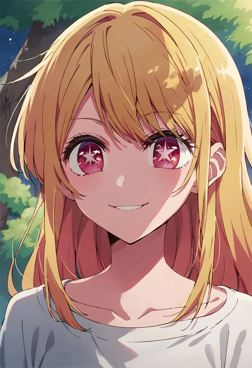 score_9, score_8_up, score_7_up, source_anime,hoshino ruby, star-shaped pupils, symbol-shaped pupils, blonde hair, pink eyes, 1girl, solo,smile, collarbone, tree