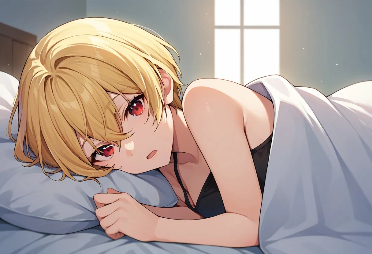 score_9, score_8_up, score_7_up, source_anime, pov across bed, under covers, closed mouth, hair between eyes, short hair, red eyes, blonde hair, blanket, open mouth, bare shoulders