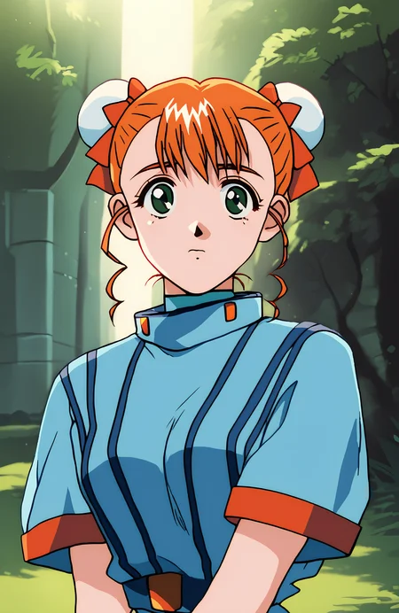 score_9, score_7_up, 1girl, rui, orange hair, double bun, bun cover, green eyes, sidelocks, hair bow, looking at viewer, blue shirt, short sleeves, retro artstyle, <lora:Guyanarock style-000046:1>