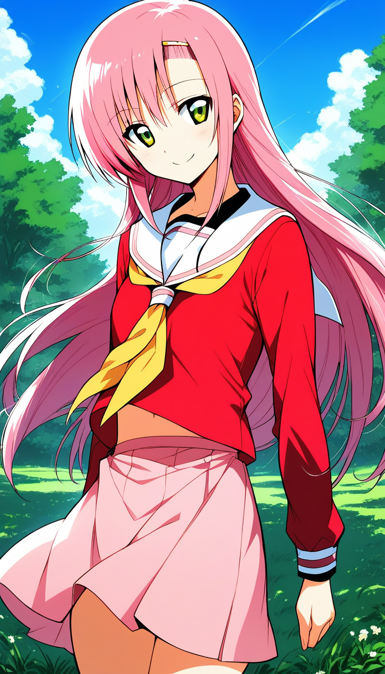score_9, score_8_up, score_7_up, source_anime, rating_explicit, BREAK  <lora:Katsura_Hinagiku_XL:1>Katsura_Hinagiku, pink hair, long hair, Yellow green eyes, hairclip, small breasts, school uniform, red serafuku, pink skirt,
 1girl, solo, neckerchief, long sleeves, standing, smile,looking at viewer, cowboy_Shot,
blue sky, outdoor, day, grass,
2010s \(style\), anime,