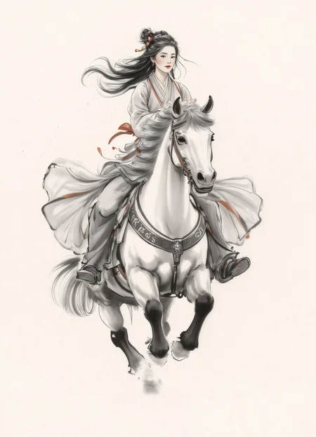 zydInk, a Chinese girl riding horse, dynamic pose,