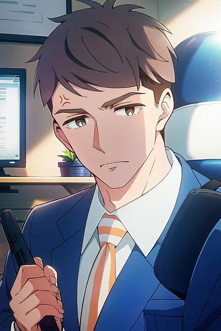 (score_9, score_8_up, score_7_up), (source anime, best quality, best aesthetic, perfect anatomy), 1boy, kentaro momose, male_focus, handsome detailed face, black eyes, black jacket, blue jacket, collared shirt, slim body, skinny, orange necktie, solo, modern office, portrait, <lora:Kentaro Momose_PDXL:0.85>, ((dual wielding, Angry)), <lora:aesthetic_anime_v1s:0.8>