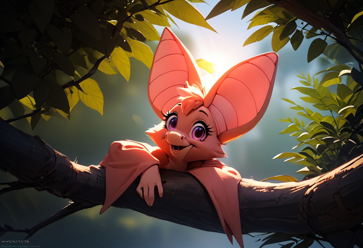 score_9, score_8_up, score_7_up, (best quality:1.1), ultra-detailed, great quality, anthro, high resolution, (((8k))), highly detailed background, high resolution images, portrait.
1girl, 1bat, bat girl, foxglove bat.
daytime.
Summer, bright warm sun, sun rays.
Animal ears, bat ears, 2fangs, only 2 fangs in mouth, fangs out, vampire fangs, giant bat wings, huge bat wings, detailed bat wings, wings larger than body, big wings.
Wide smile, looking at viewer, big eyes, sexy pose, cuteness, kawaii,  fluffy.
sits on a tree branch