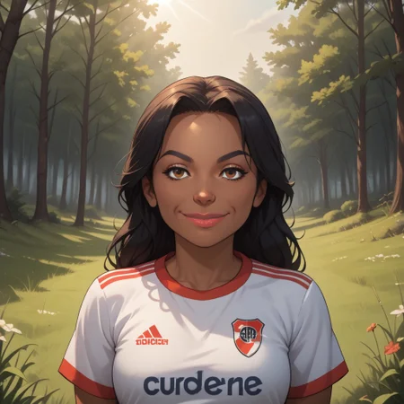 score_9, score_8, BREAK, solo, wii, mii, wii sports, 1girl, female mii, brown eyes, black hair, black eyebrows, lips, dark skin, RiverPlate, striped shirt, striped, shirt, white shirt, short sleeves, clothes writing, sportswear, soccer uniform, nintendo mii, modern_mii, classic_mii, breasts, Maria_(Wii_Sports), dark skin female, sexy pose, self portrait, smile, looking at viewer, outdoors, sunlight, shadows, evening lighting, natural lighting, forest, trees, grass, orange sky, sunset