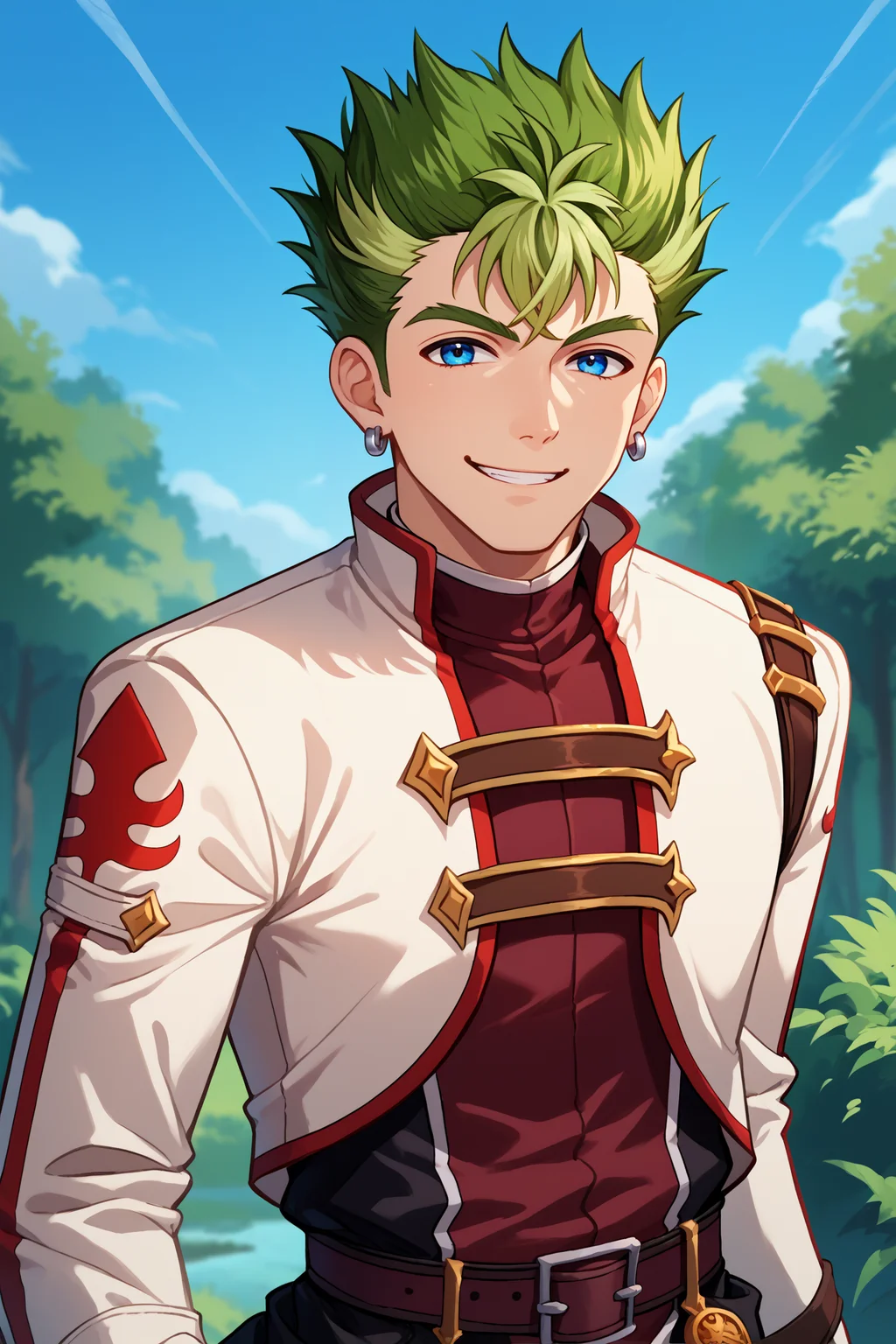 score_9, score_8_up, score_7_up, score_6_up, source_anime, 1boy, male focus, <lora:kevingraham-pdxl-nvwls-v1-000006:1> trailskevin, spiked hair, green hair, two-tone hair, blue eyes, earrings, white coat, long sleeves, maroon shirt, belt, brown pants, looking at you, happy, blue sky, forest, upper body, smile