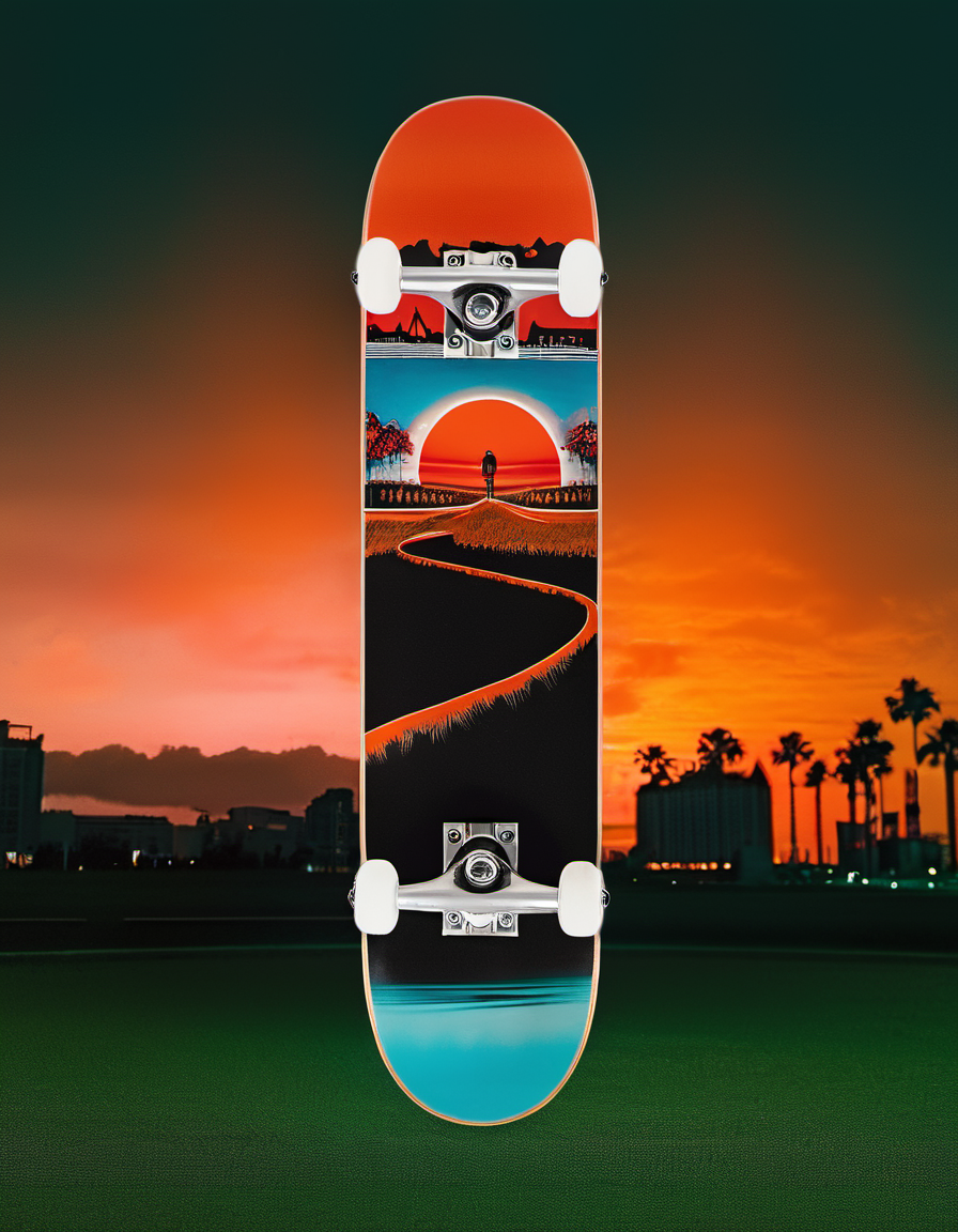 EdobSkate, long hair, grass, red eyes, skyscraper, floating island, field, orange sky, waterfall, watercraft, gas mask, lights, <lora:EdobSkate_XL_v1.0:0.8>