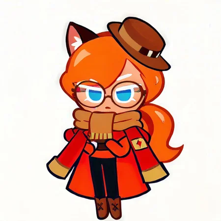 chibi, full body, CookieRun, girl, Blue eyes, redhead, orange hair, red coat, glasses, hat with cat ears, scarf, black pants, brown boots
