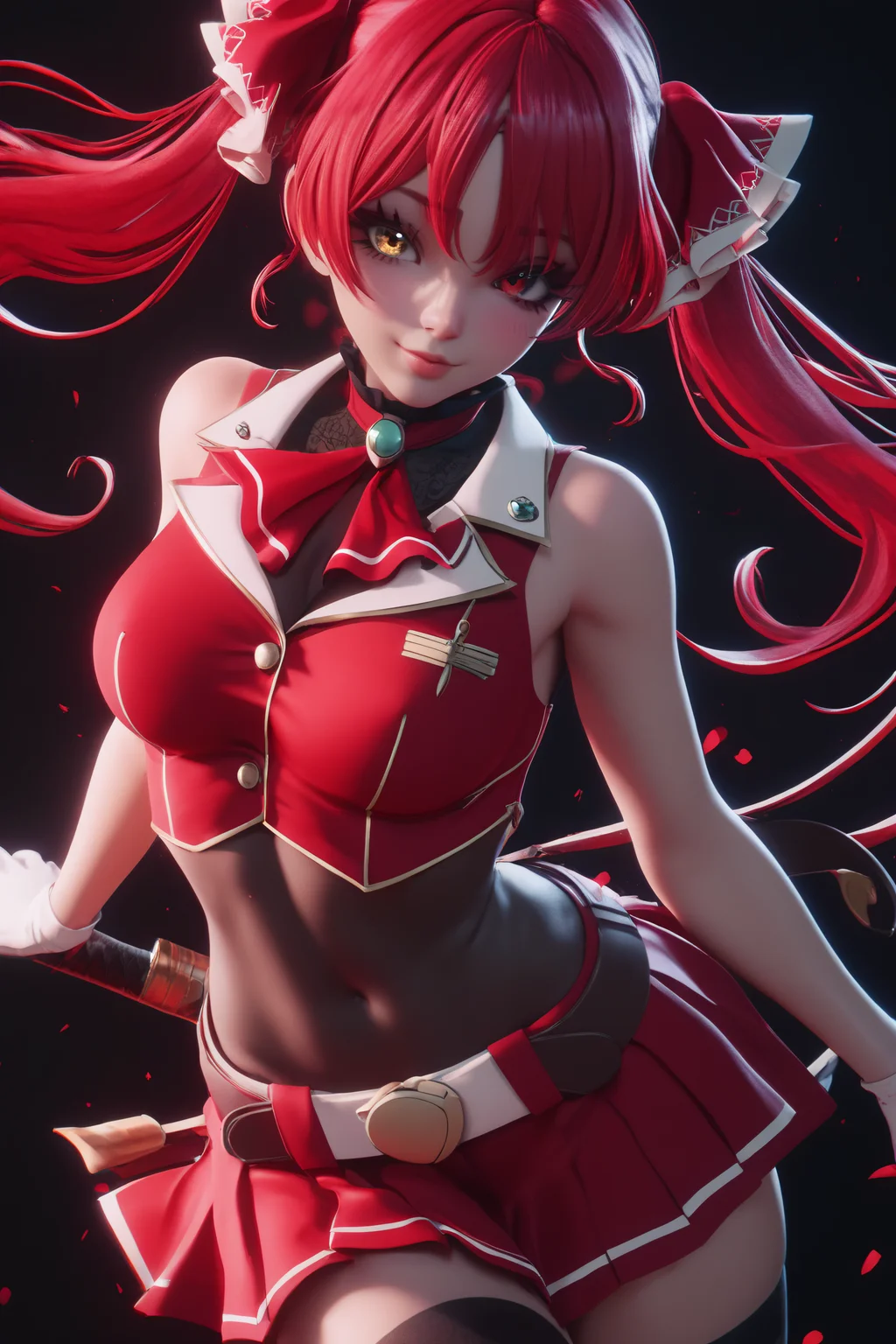 score_9, score_8_up, score_7_up, BREAK source_anime, <lora:Houshou Marine-PonyXL-lora-Faxtron:0.8> houshou marine, heterochromia, red eyes, yellow eyes, red hair, twintails, medium breasts, red ribbon, red top, sleeveless, black thighhighs, red skirt, belt, covered navel, white gloves,