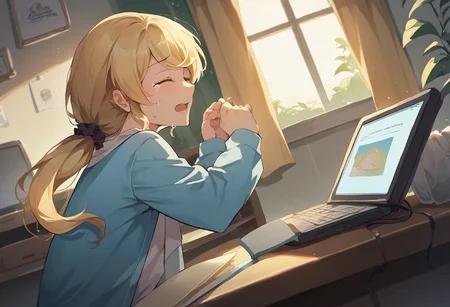 score_9, score_8_up, score_7_up, source_anime,
ellen baker, blonde hair, closed eyes, long hair, ponytail, scrunchie, mature female,
casual,
indoors, living room, desk, computer, crying,
from side, cowboy shot, dutch angle,