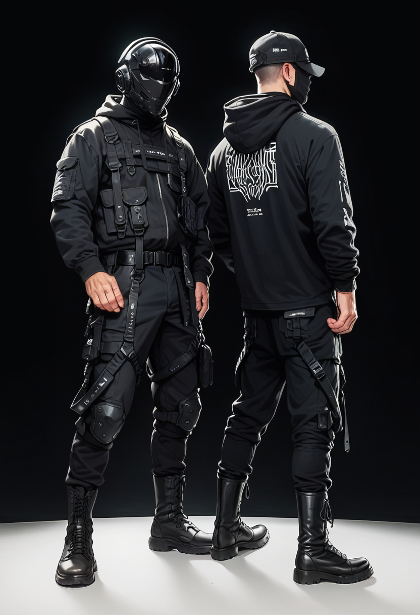 (score_9, score_8_up), score_7_up, zPDXL, long sleeves, standing, jacket, weapon, male focus, boots, multiple boys, belt, pants, hood, 2boys, from behind, black footwear, black jacket, gun, black shirt, black pants, helmet, holster, black background, simple background, <lora:dark_techwear-000016:0.9>