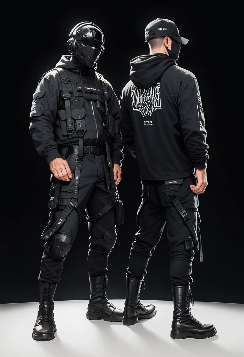 (score_9, score_8_up), score_7_up, zPDXL, long sleeves, standing, jacket, weapon, male focus, boots, multiple boys, belt, pants, hood, 2boys, from behind, black footwear, black jacket, gun, black shirt, black pants, helmet, holster, black background, simple background, <lora:dark_techwear-000016:0.9>
