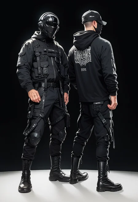 (score_9, score_8_up), score_7_up, zPDXL, long sleeves, standing, jacket, weapon, male focus, boots, multiple boys, belt, pants, hood, 2boys, from behind, black footwear, black jacket, gun, black shirt, black pants, helmet, holster, black background, simple background, <lora:dark_techwear-000016:0.9>