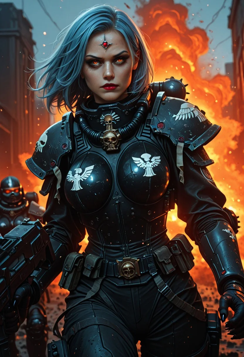 (Ultra-realistic, masterpiece, best quality, high-res, high detailed skin, finely detailed face, stunning artwork, very aesthetic, shallow depth of field, bokeh, cinematic lighting, film grain, motion blur:1.4, Dutch angle, vignette, foreshortening, cowboy shot from below, Cyberpunk, )
(1girl, Rem, short light blue hair, anime style, studio anime, source_ecchi, close-up, gun fighting stance, lascivious yet powerful expression, peaceful and tranquil aura within chaos)
(Petite body:1.3, large breasts, puffy glossy red lips, smoky eyes, mascara, makeup, sharp fingernails, blue forehead jewel, eyelashes)
(Wearing heavy white sci-fi combat medic armor, Adepta Sororita, gun, eagle symbol, text "", cinematic film still, battlefield setting with explosions, tracer shots, running through fire, epic scale)
(Futuristic dystopia, sci-fi tech, space marine aesthetic:1.4, Warhammer 40000-inspired, combat medic, city ruin battlefield, chaos vs order theme)
(In the style of Michael Bay, Zack Snyder, Christopher Nolan — high-budget Hollywood feel, epic orange & teal tones, moody atmosphere, grainy textures)