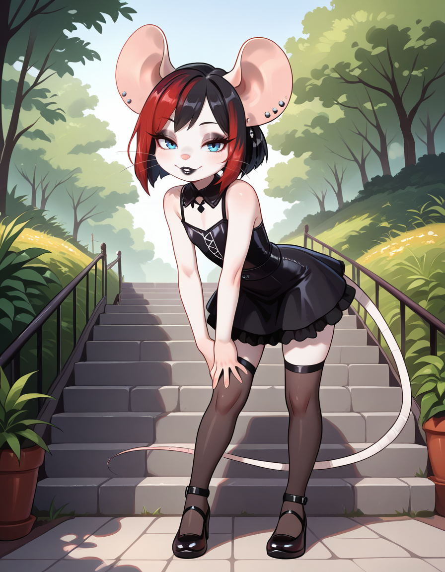 masterpiece, best quality, very aesthetic, absurdres,
outdoors,
full body, standing, posing, 
goth fashion, 
seductive smile, parted lips, long eyelashes,
 <lora:Francis_v01_NAIXL:1>
Francis,1girl,solo,furry female, mouse girl, mouse ears, ear piercing, earrings, short hair, multicolored hair, red hair ,black hair ,blue eyes, eyeshadow, animal nose, whiskers, black lipstick, piercing, body fur, white fur, mouse tail,