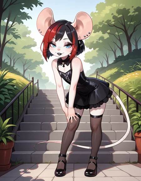 masterpiece, best quality, very aesthetic, absurdres,
outdoors,
full body, standing, posing,
goth fashion,
seductive smile, parted lips, long eyelashes,
<lora:Francis_v01_NAIXL:1>
Francis,1girl,solo,furry female, mouse girl, mouse ears, ear piercing, earrings, short hair, multicolored hair, red hair ,black hair ,blue eyes, eyeshadow, animal nose, whiskers, black lipstick, piercing, body fur, white fur, mouse tail,