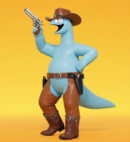 high resolution, best quality, 4k, 3d render, solo, open smile, male, full body, chaps, cowboy boots, cowboy hat, holding revolver, cowboy hat covering eyes, wild west background, <lora:Kyouryuu_-_Gal_to_Kyouryuu_IL:1> d1n0, ky0uryuu, toony, blue skin, scalie, dinosaur, noseless, semi-anthro, short fingers, tail