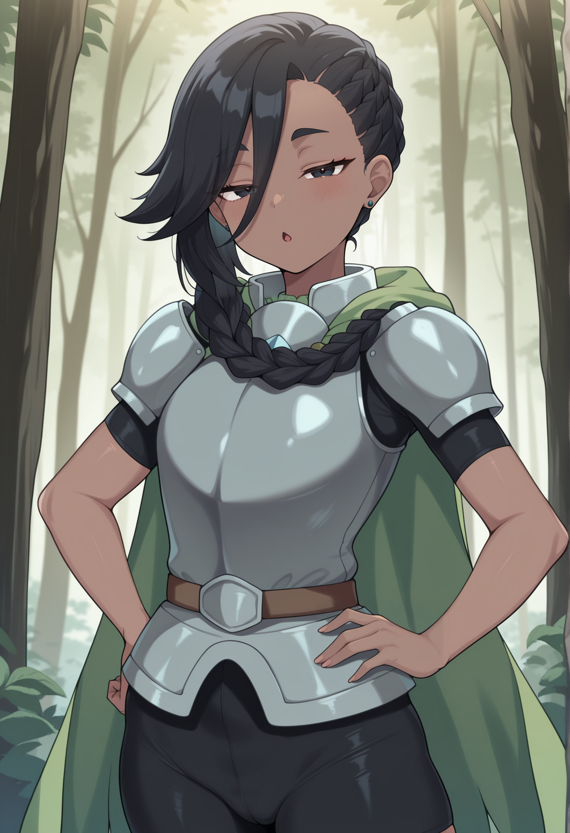 1girl, black hair, asymmetrical hair, braid, dark skin, black eyes, earrings, armor, green cape, short sleeves, fighting stance, outdoors, forest, bike shorts, upper body, looking at viewer, hand on own hip, half-closed eyes, chestnut mouth,   <lora:Ococho_Radiant:0.8>, masterpiece, best quality, amazing quality, very aesthetic, absurdres, highres, newest
