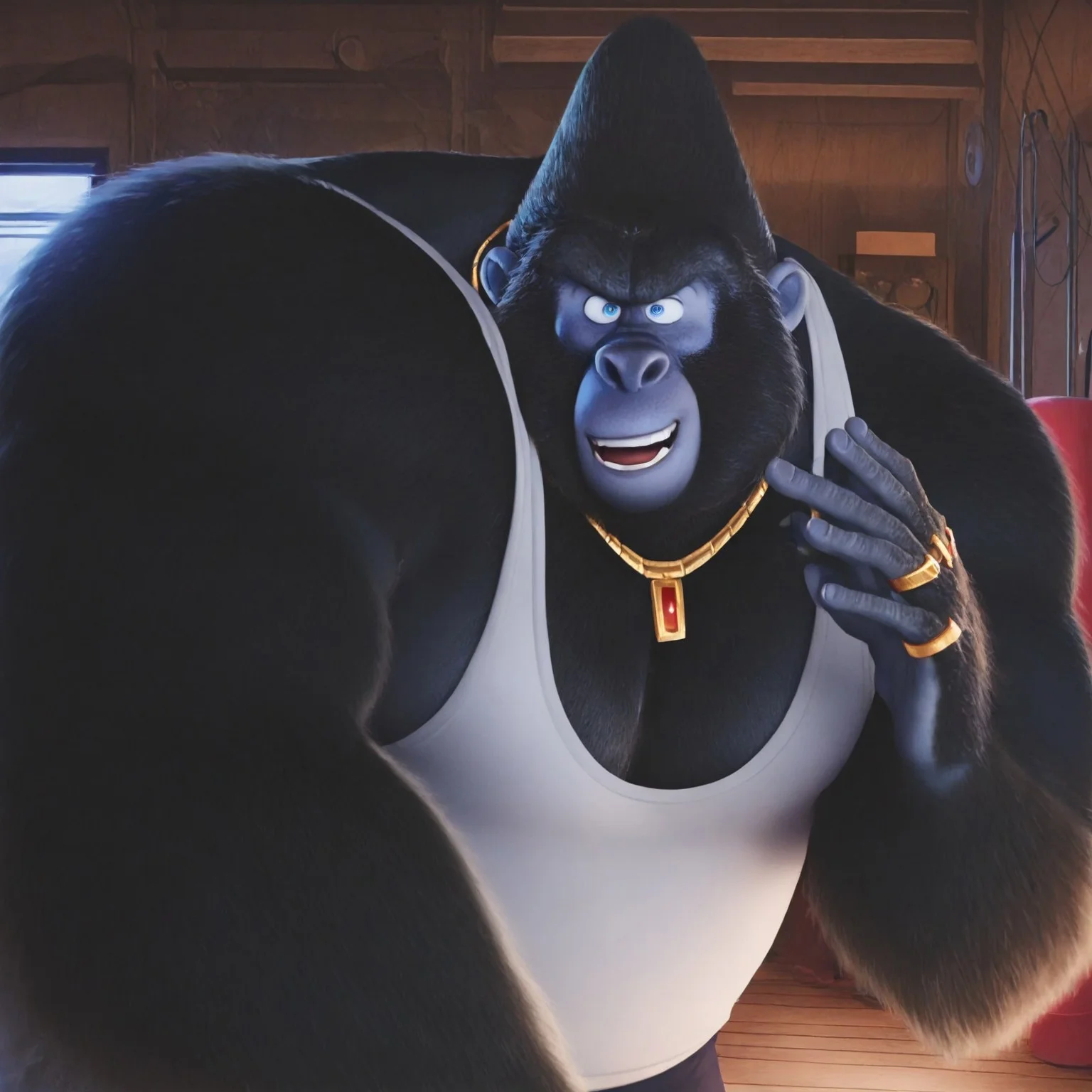 Big daddy, bara, mature male, older male, gorilla, broad shoulders, large build, muscular male, (pose:1.3), (posing:1.3), (soft shading), 4k, hi res, five fingers, detailed hands, ((detailed face, (detailed eyes:1.0), detailed)), (full body), smug, jewelry, gold necklace pectoral cleavage, big daddy(sing), bara, mature male, gorilla, smile, (pose:1.3), (posing:1.3), (soft shading), 4k, hi res, five fingers, detailed hands, ((detailed face, (detailed eyes:1.0), detailed)), (full body), by zackarry911, by zaush, (by personalami:0.5), gym, tank top, shorts, jewelry, ring, white tank top, big daddy, gorilla, furry male, male, colored skin, fangs, blue eyes, anthro, muscular, wide shoulders, mechanic shop interior, garage, CGI scene, zy_animation, dad bod, chubby, body builder, pectorals, tall, blue eyes, sweating, breathing heavily, sweat stains, open mouth, punching bag, bandage wrapped hands,