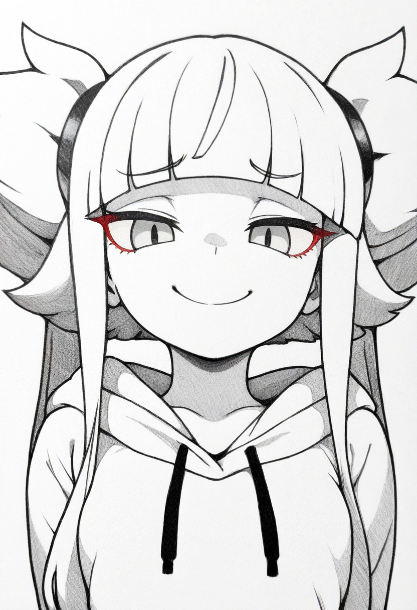 best quality, amazing quality, very aesthetic, absurdres,
monochrome, traditional media, spot color, greyscale,
BREAK
1girl, althea, blunt bangs, twintails, long hair,
solo, closeup, smug, looking at viewer, white hoodie, upper body, close-up, white background,
<lora:AltheaNoobXL_byKonan:1>,    <lora:CellldrawzzNoob_byKonan:1>