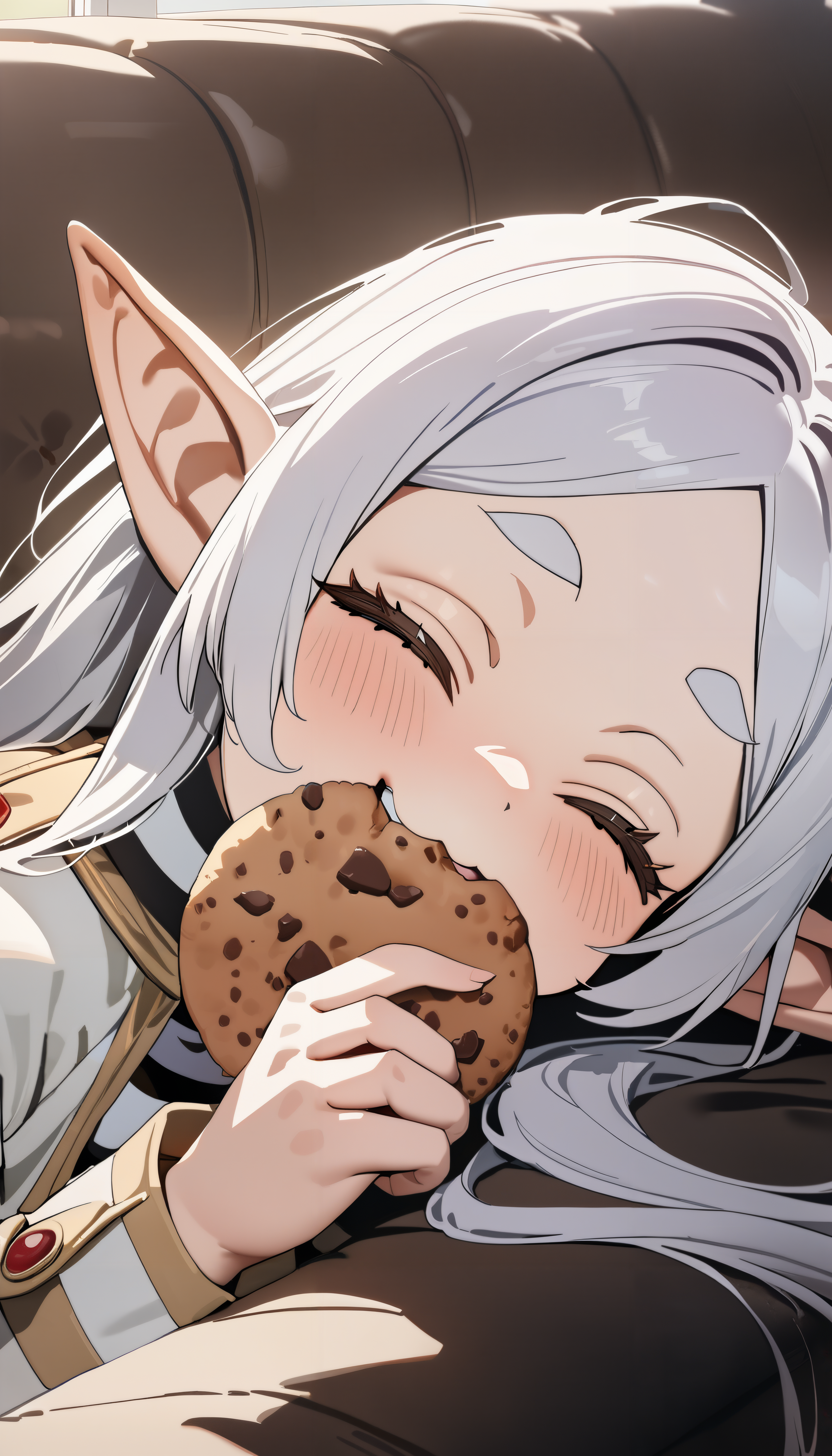 1girl, frieren, sousou no frieren, 
eating a chocolate chip cookie,
couch, on couch,
very long hair, pointy ears, 
happy, = =, o3o, :3, closed eyes, 
highly detailed,
close-up,
masterpiece, best quality, newest, absurdres, 8k, Ultra HD, real, photorealism