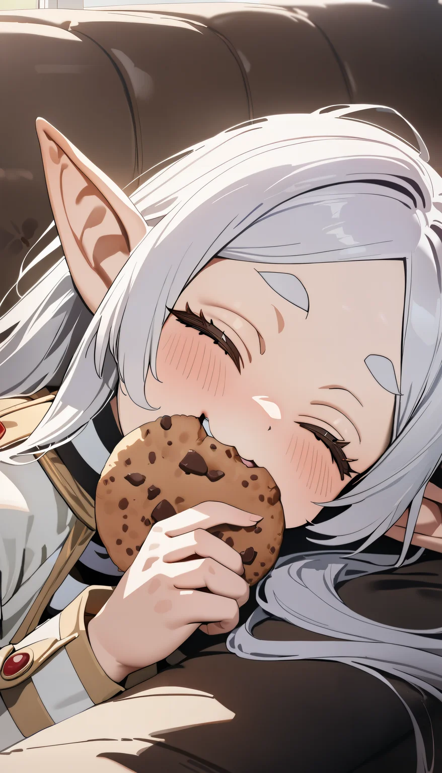 1girl, frieren, sousou no frieren,
eating a chocolate chip cookie,
couch, on couch,
very long hair, pointy ears,
happy, = =, o3o, :3, closed eyes,
highly detailed,
close-up,
masterpiece, best quality, newest, absurdres, 8k, Ultra HD, real, photorealism