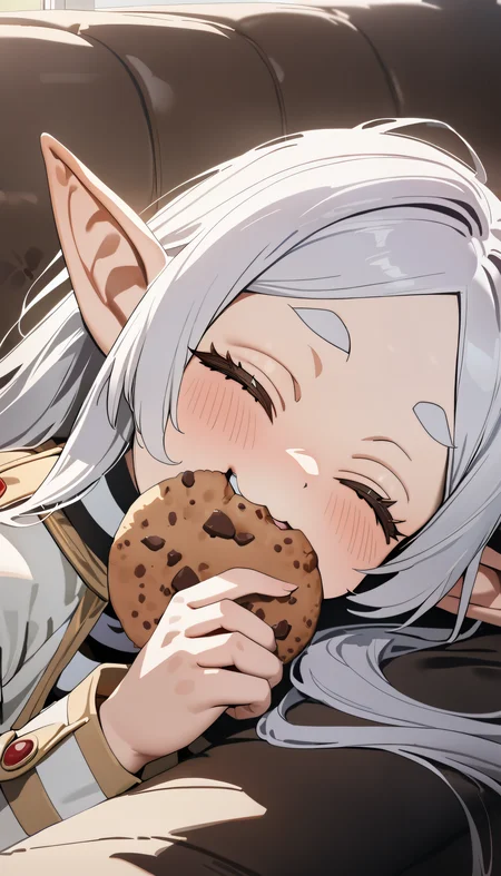1girl, frieren, sousou no frieren,
eating a chocolate chip cookie,
couch, on couch,
very long hair, pointy ears,
happy, = =, o3o, :3, closed eyes,
highly detailed,
close-up,
masterpiece, best quality, newest, absurdres, 8k, Ultra HD, real, photorealism