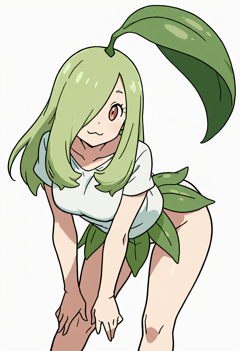 masterpiece, best quality, 1girl, solo, dynamic pose, mature female,   zzChikorita, 1girl, solo, hair over one eye, red eyes, green hair, leaf hair, leaf skirt, white shirt, leaning forward,  :3,    ,<lora:ChikoritaPokedex_IXL:1.0>,